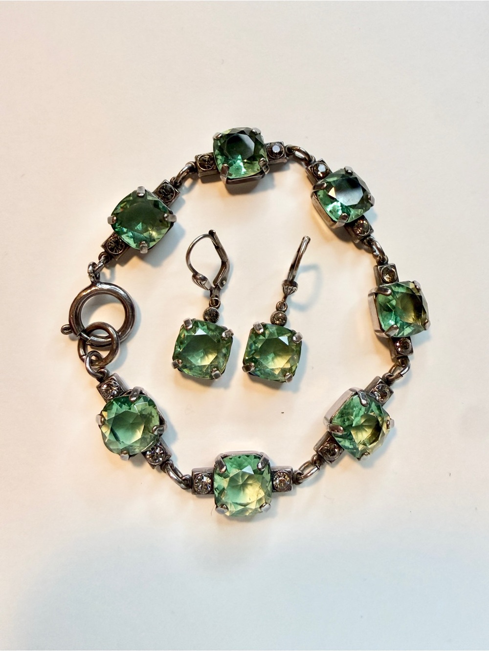 Catherine Popesco bracelet earrings set Art Deco green open back glass vintage